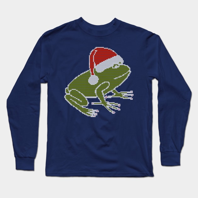 White Line Knitted Frog Wearing Christmas Santa Hat Long Sleeve T-Shirt by ellenhenryart